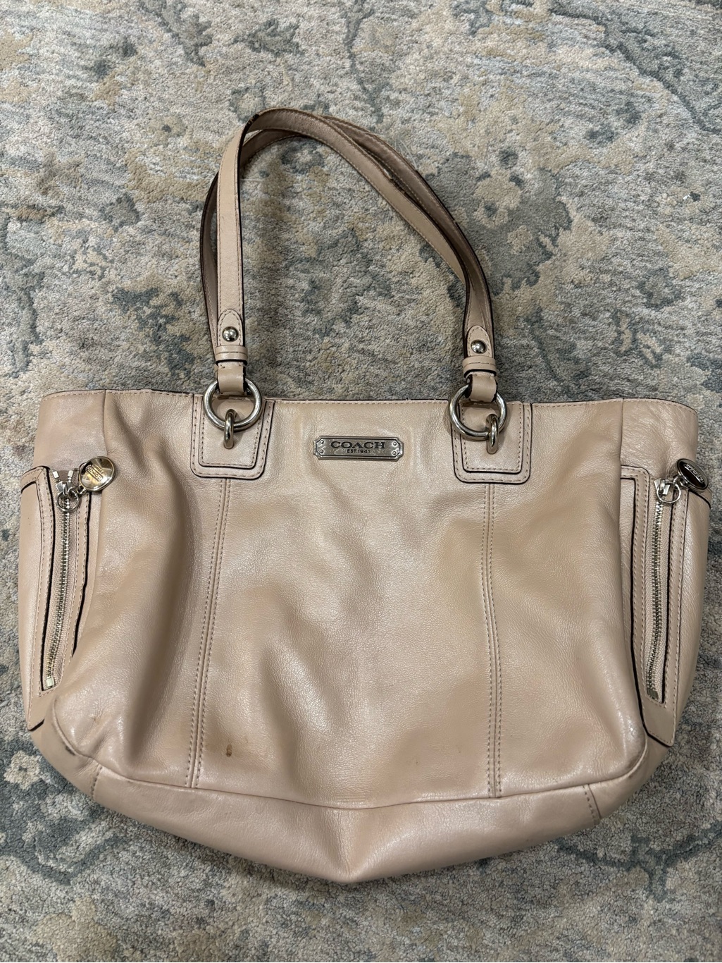 Coach Taupe Leather Shoulder Tote With Metal Logo Plaque